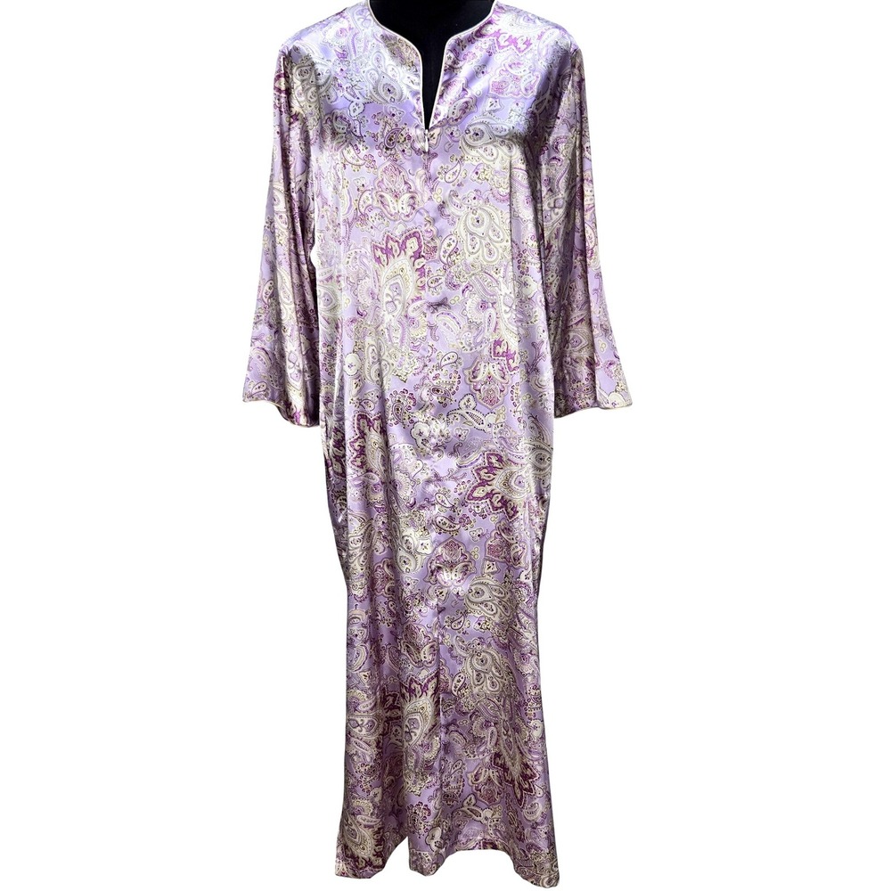 Women's Oscar de la Renta Pink Label Small Purple Paisley Satin Full Zip Caftan